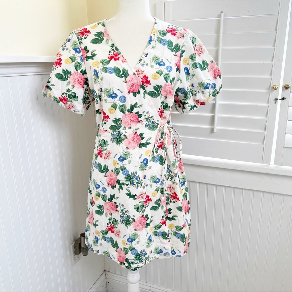 Old Navy White & Pink Roses Puff Sleeve Linen Blend Wrap Dress Size XL NEW